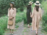 khaki Puff Dress Summer Casual  Button Women Linen Dresses Long Seelve Dress ZF98407