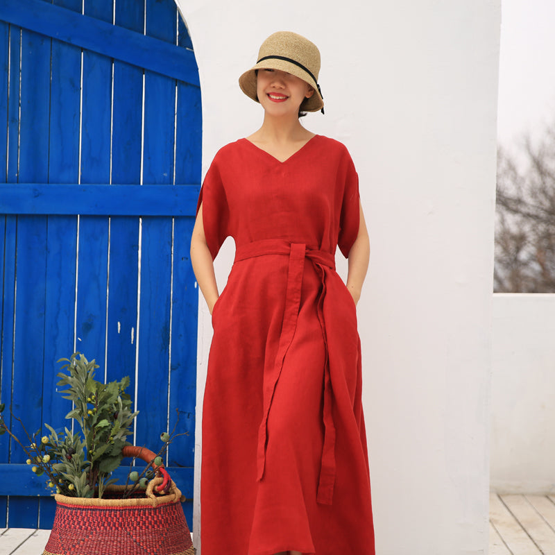 fitted lace wedding dress Red linen Women Dresses Casual Summer Maxi Wedding Dress Long Women Linen  Dresses 21571
