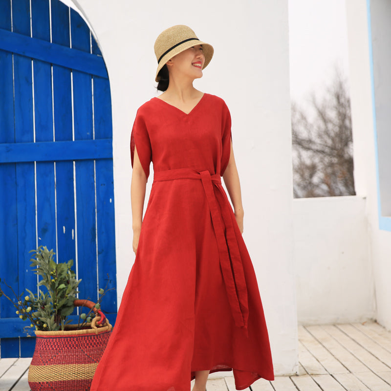 Red Linen Maxi Dress Red Linen Maxi Dress