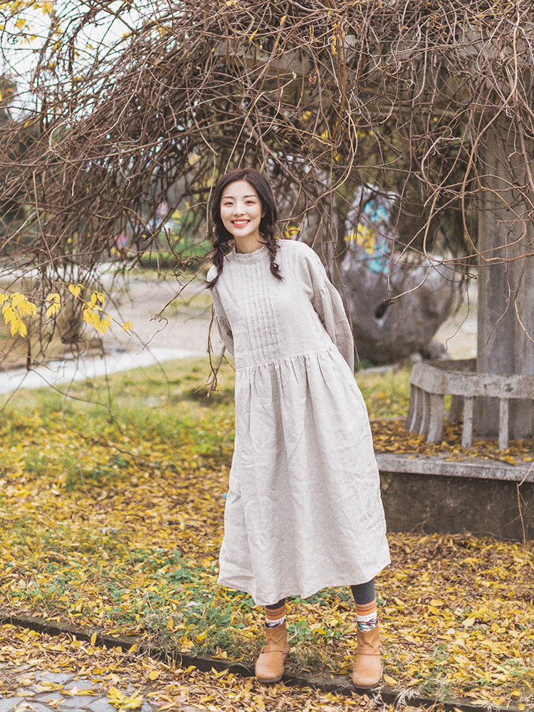 Puff linen Dress Summer Casual Midi Women Linen Dresses Pleated Dress –  SimpleLinenLife
