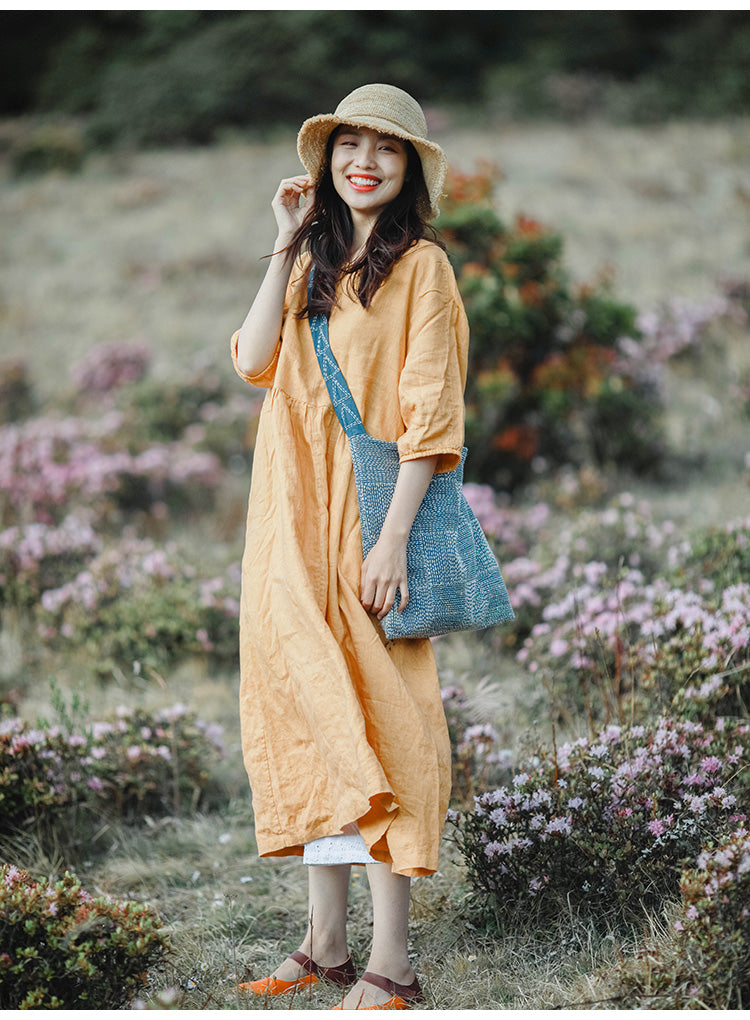 white christmas dresses Casual Midi Long Sleeves Linen Dress – Old Linen Mill main image 0