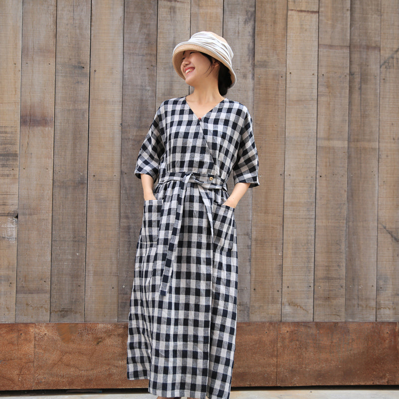 Plaid Summer Dress Casual Summer Long Women Linen Dresses With Waist B – SimpleLinenLife Plaid Summer Dress Casual Summer Long Women Linen Dresses With Waist B – SimpleLinenLife