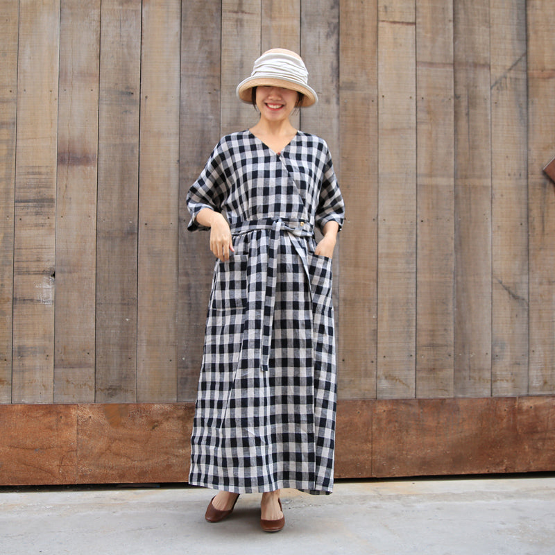 Plaid Summer Dress Casual Summer Long Women Linen Dresses With Waist B   SimpleLinenLife