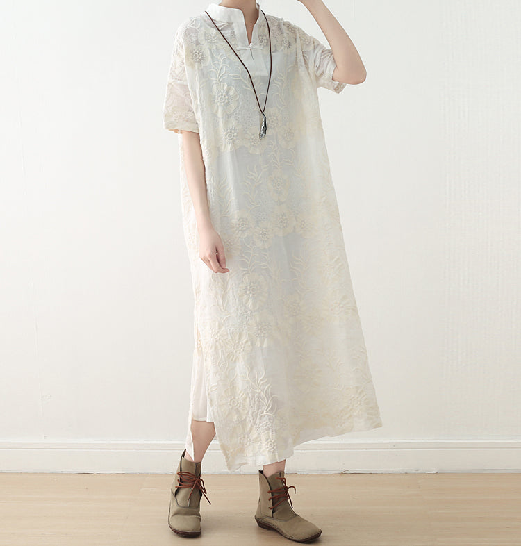 White Casual Linen Cotton Women Loose Fitting Short Sleeves Dresses Summer Long Women Dresses AMT962227