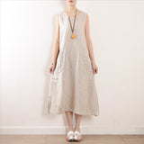 Khaki Sleeveless Slit Dress Summer linen Women Dresses AMT962325