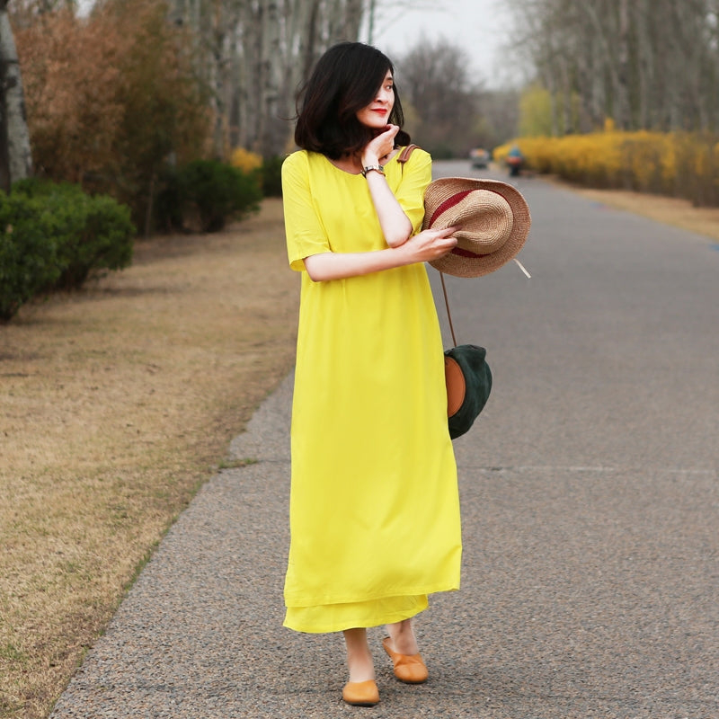 women yellow dress Ambraee Handpainted Floral Organza for | V-Neck Puff Sleeve Umbrella Cut Fashion Women Summer Casual Square The Moment Dress - Yellow