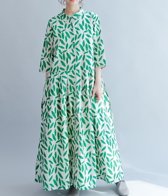 Green Leaf Summer Cotton Linen Spring Women Dresses Loose Style QZ2005 SimpleLinenLife Green Leaf Summer Cotton Linen Spring Women Dresses Loose Style QZ2005 SimpleLinenLife