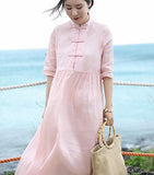 Pink Summer Linen Women Dresses Short Sleeves Women Dresses XH9665