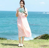 Pink Summer Linen Women Dresses Short Sleeves Women Dresses XH9665