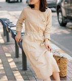 Long Sleeve Linen Dresses U Neck Spring Summer Khaki Women Dresses XH9657