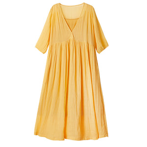 Yellow Linen Summer Women Short Sleeves Dresses  Long Women Dresses  AMT962234