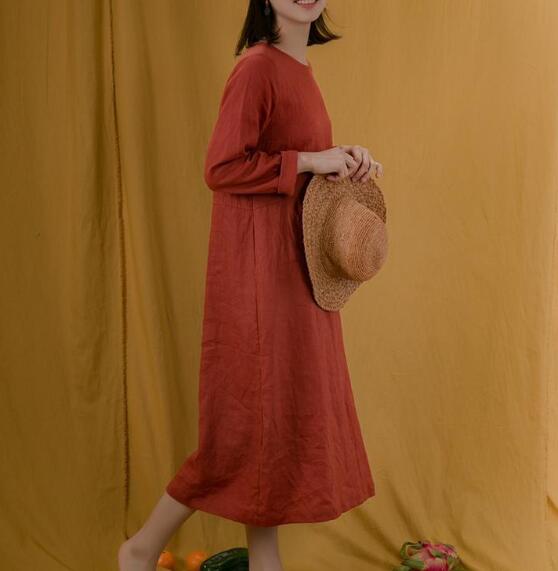 Red Linen Women Dresses Long Sleeves U Neck Spring Summer Women Dresses XH9671