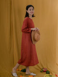 Red Linen Women Dresses Long Sleeves U Neck Spring Summer Women Dresses XH9671
