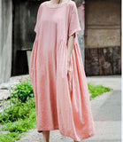 O-neck-women-linen-cotton-dresses-pleated-waist