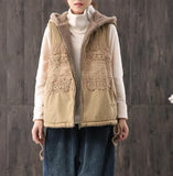 Fleece Vest Lace Trim Casual Coat Loose Hooded  Plus Size Coat Jacket