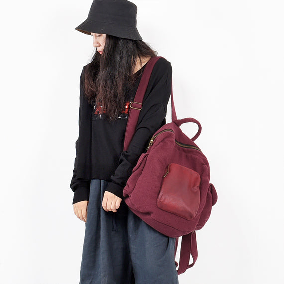 Red Leather Canvas Simple Style Women Backpack Shoulder Bag