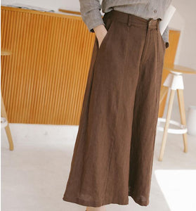 Coffee Linen Wide Leg Women Casual Pants SJ97235