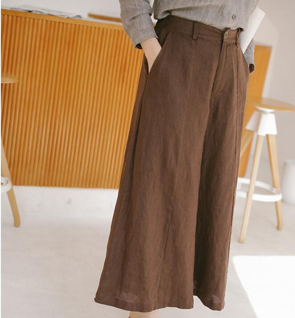 Coffee Linen Wide Leg Women Casual Pants SJ97235