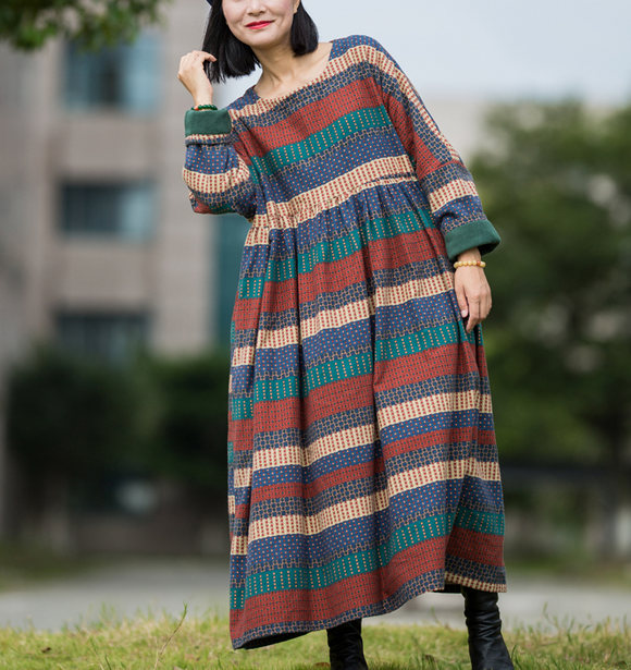Print Stripe Long Sleeve Summer Cotton Fleece Dress Women Dress XSYCP9201229