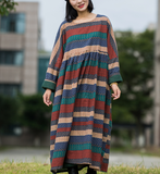 Print Stripe Long Sleeve Summer Cotton Fleece Dress Women Dress XSYCP9201229