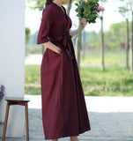 Waist Belt Cotton Half Sleeve Dress Long Women Dress SJP9201229