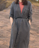 Gray Trenchcoat Linen Long Sleeve Autumn Women Shirt Linen Dresses With Buttons S90922