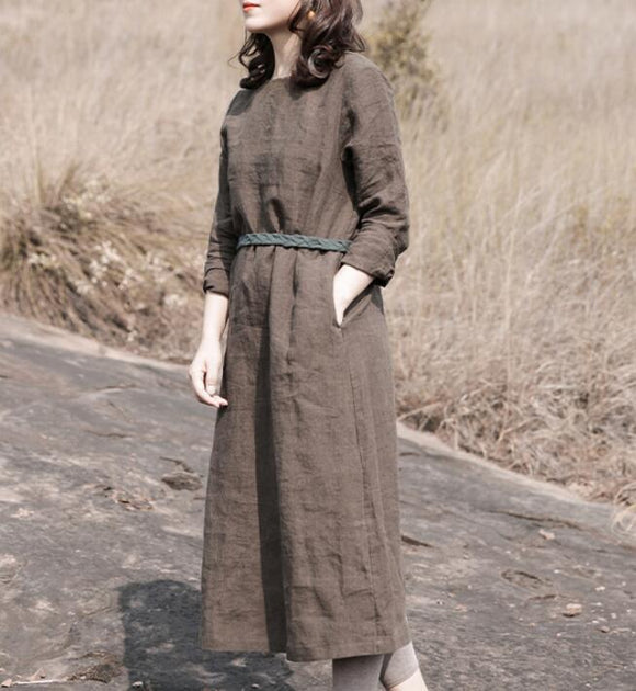 Khaki Linen Loose Long Sleeve Autumn Women Shift Linen Dresses S90921 SimpleLinenLife Khaki Linen Loose Long Sleeve Autumn Women Shift Linen Dresses S90921 SimpleLinenLife