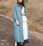 Blue Waist Belt Linen Long Sleeve Autumn Women Shirt Linen Dresses S90921
