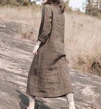 Khaki Linen Loose Long Sleeve Autumn Women Shift Linen Dresses S90921