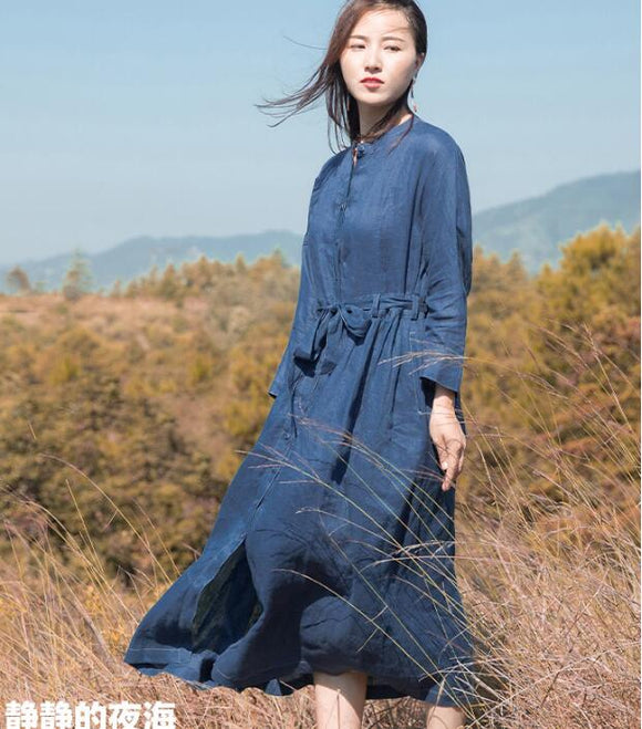 Navy Linen Long Sleeve Autumn Women Shirt Linen Dresses S90921 SimpleLinenLife Navy Linen Long Sleeve Autumn Women Shirt Linen Dresses S90921 SimpleLinenLife