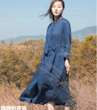 Navy Linen Long Sleeve Autumn Women Shirt Linen Dresses S90921