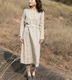 Khaki Linen Long Sleeve Autumn Women Shift Linen Dresses S90921