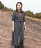 Gray Trenchcoat Linen Long Sleeve Autumn Women Shirt Linen Dresses With Buttons S90922