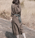 Khaki Linen Loose Long Sleeve Autumn Women Shift Linen Dresses S90921