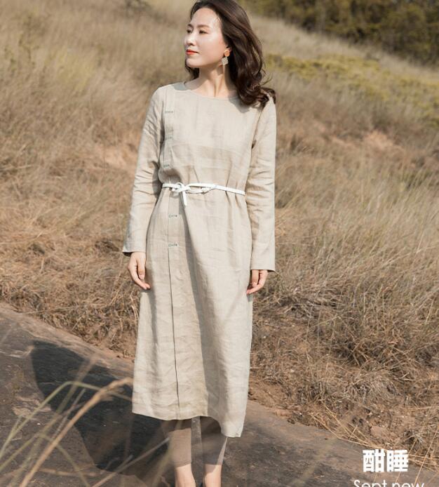Khaki Linen Long Sleeve Autumn Women Shift Linen Dresses S90921 –  SimpleLinenLife