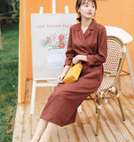 Coffee Linen Women Dresses Long Sleeve Women Linen Dresses Waist Belt S90921