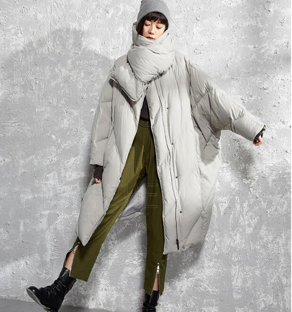 Women Quilt Plus Long Down Jackets Loose Duck Down Coat Pillow Collar  Hooded Oversized Warm Elegant Puffer Coats Winter 2021