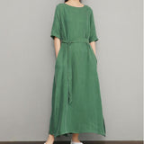 Green Linen Women Dresses Summer Dresses Women 3/4 Sleeves Dresses D9504