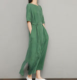 Green Silk Women-Dresses-Summer-Dresses-Women-3/4 Sleeve-Dresses D9504