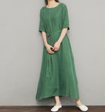 Green Linen Women Dresses Summer Dresses Women 3/4 Sleeves Dresses D9504