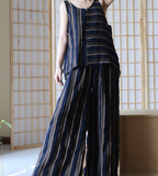 Stripe Women Suits Silk Linen Summer Women Wide Legs