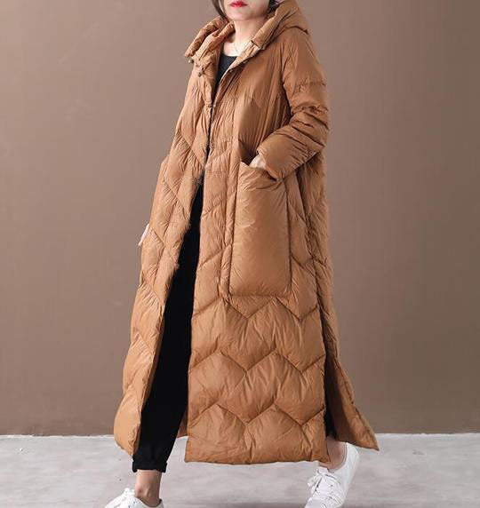 Long Hooded Women Puffer Coat, Winter Slit Side Duck Down Jacket