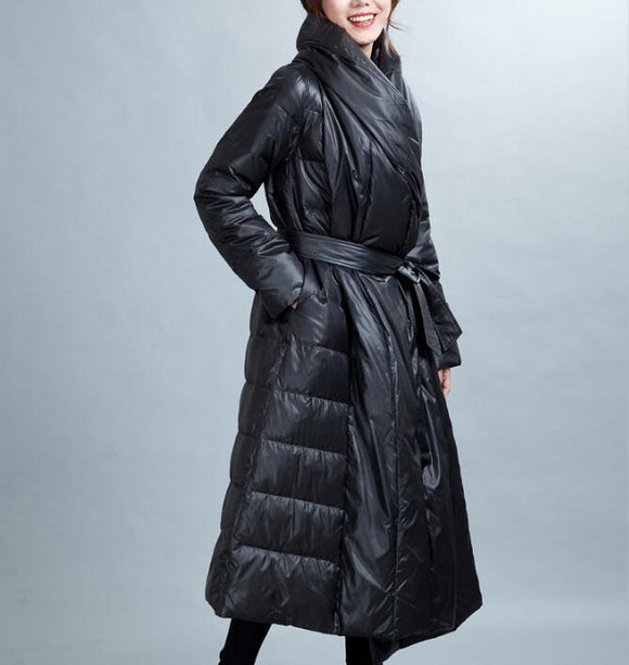 Loose Women Down Puffer Coat Winter 90% Duck Down Jackets With Waist Belt