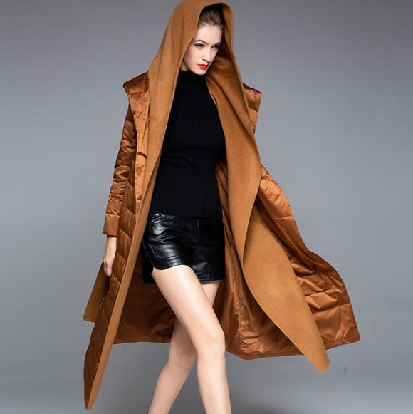 Patchwork Women Down Coat, Winter Loose 90% Hooded Duck Down Jackets, Long Warm Down Coat Any Size
