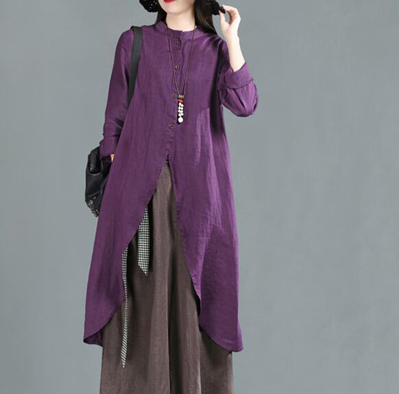 women-purple-linen-long-shirts-3/4-sleeves