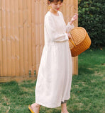 White Linen Women Dress Long Sleeve Women Linen Shirts Dresses With Buttons S90921