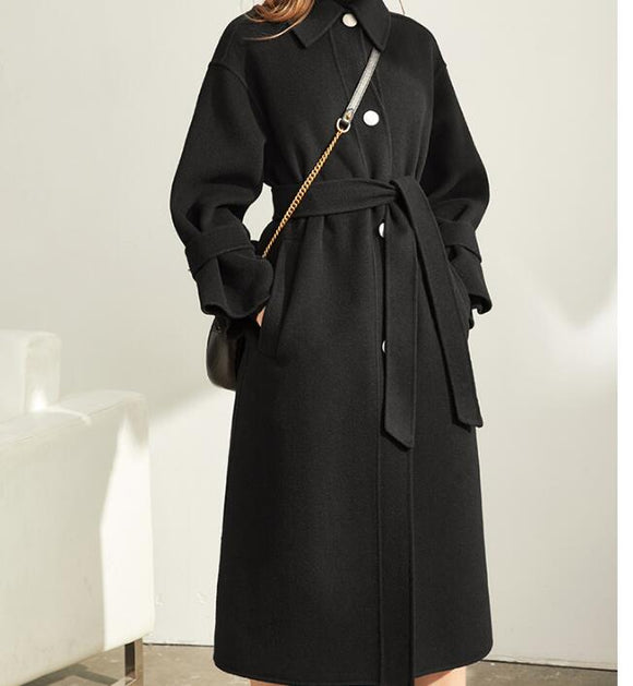 Black Double Face Winter Long Women Handmade Wool Coat Jacket