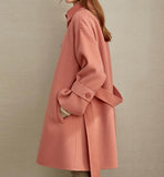 Pink Women Winter Black Long Women Wool Coat Jacket Waist Belt